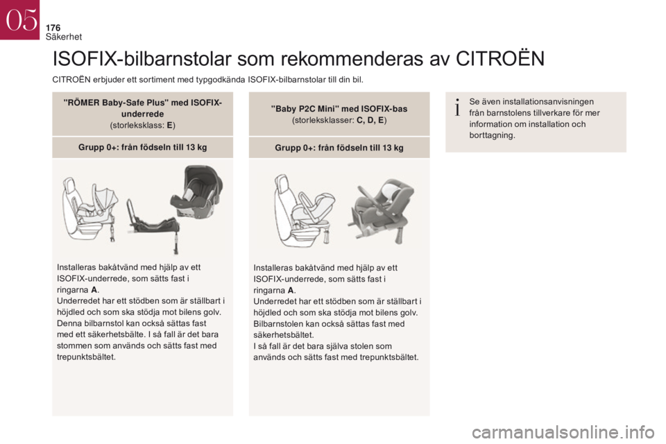 CITROEN DS4 2017 InstruktionsbÖcker (in Swedish) 176
ISOFIX-bilbarnstolar som rekommenderas av CITROËN
Se även installationsanvisningen
från barnstolens tillverkare för mer
information om installation och
borttagning.
CITROËN erbjuder ett so CITROEN DS4 2017 InstruktionsbÖcker (in Swedish) 176
ISOFIX-bilbarnstolar som rekommenderas av CITROËN
Se även installationsanvisningen
från barnstolens tillverkare för mer
information om installation och
borttagning.
CITROËN erbjuder ett so