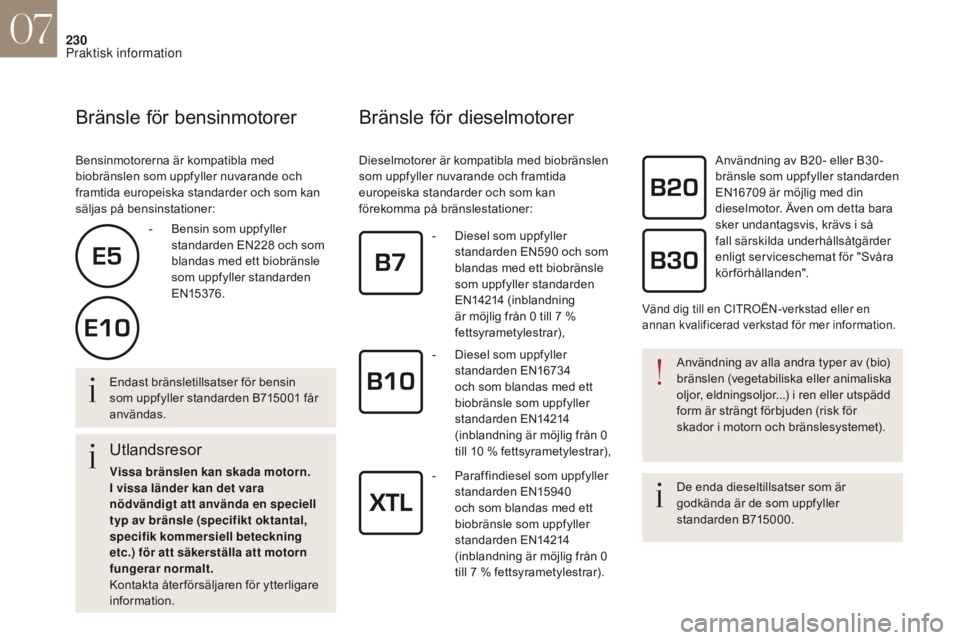 CITROEN DS4 2017 InstruktionsbÖcker (in Swedish) 230
Bränsle för bensinmotorer
Bensinmotorerna är kompatibla med
biobränslen som uppfyller nuvarande och
framtida europeiska standarder och som kan
säljas på bensinstationer:
Bränsle för die CITROEN DS4 2017 InstruktionsbÖcker (in Swedish) 230
Bränsle för bensinmotorer
Bensinmotorerna är kompatibla med
biobränslen som uppfyller nuvarande och
framtida europeiska standarder och som kan
säljas på bensinstationer:
Bränsle för die