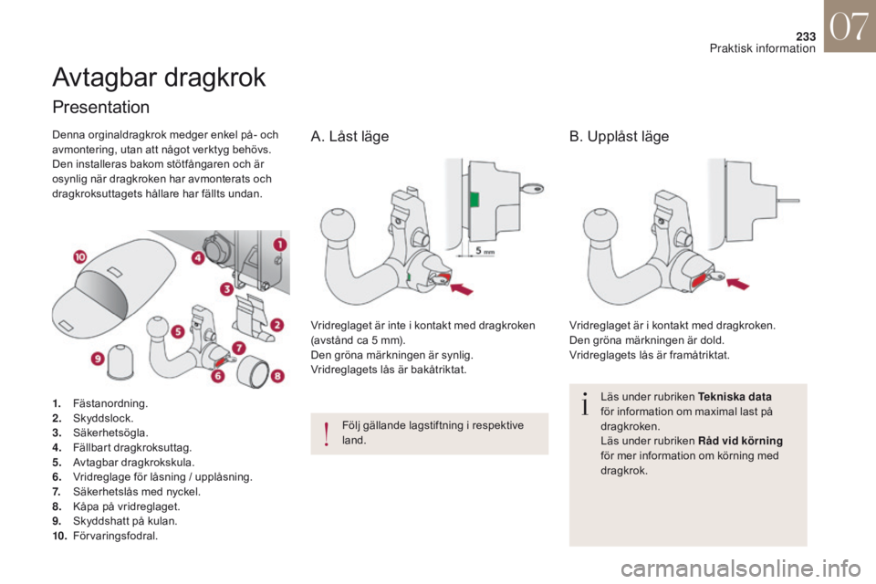 CITROEN DS4 2017 InstruktionsbÖcker (in Swedish) 233
DS4_sv_Chap07_info-pratiques_ed01-2016
Avtagbar dragkrok
Läs under rubriken Tekniska data
för information om maximal last på
dragkroken.
Läs under rubriken Råd vid körning
för mer inform CITROEN DS4 2017 InstruktionsbÖcker (in Swedish) 233
DS4_sv_Chap07_info-pratiques_ed01-2016
Avtagbar dragkrok
Läs under rubriken Tekniska data
för information om maximal last på
dragkroken.
Läs under rubriken Råd vid körning
för mer inform