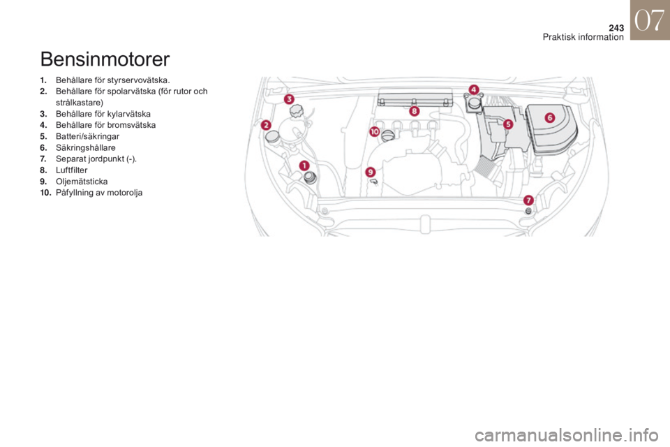 CITROEN DS4 2017 InstruktionsbÖcker (in Swedish) 243
DS4_sv_Chap07_info-pratiques_ed01-2016
Bensinmotorer
1. Behållare för styrservovätska.
2. Behållare för spolarvätska (för rutor och
strålkastare)
3.
B
ehållare för kylarvätska
4.
B
CITROEN DS4 2017 InstruktionsbÖcker (in Swedish) 243
DS4_sv_Chap07_info-pratiques_ed01-2016
Bensinmotorer
1. Behållare för styrservovätska.
2. Behållare för spolarvätska (för rutor och
strålkastare)
3.
B
ehållare för kylarvätska
4.
B