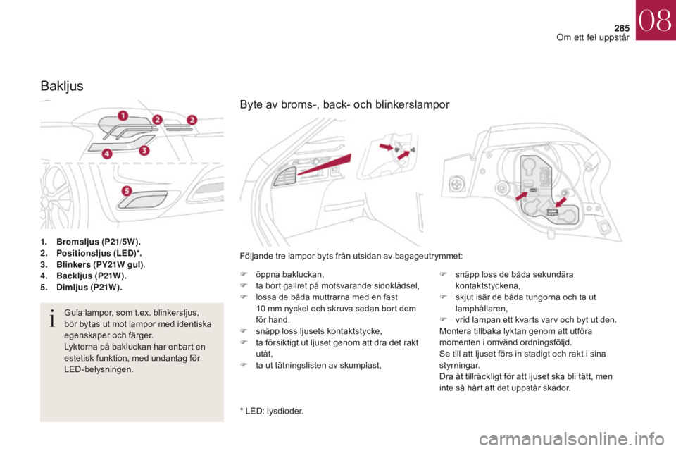 CITROEN DS4 2017 InstruktionsbÖcker (in Swedish) 285
DS4_sv_Chap08_en-cas-de-panne_ed01-2016
1. Bromsljus (P21/5W ).
2. P ositionsljus (LED)*.
3.
B
linkers (PY21W gul) .
4.
Bac
kljus (P21W).
5.
D
imljus (P21W).
Bakljus
Gula lampor, som t.ex. b CITROEN DS4 2017 InstruktionsbÖcker (in Swedish) 285
DS4_sv_Chap08_en-cas-de-panne_ed01-2016
1. Bromsljus (P21/5W ).
2. P ositionsljus (LED)*.
3.
B
linkers (PY21W gul) .
4.
Bac
kljus (P21W).
5.
D
imljus (P21W).
Bakljus
Gula lampor, som t.ex. b