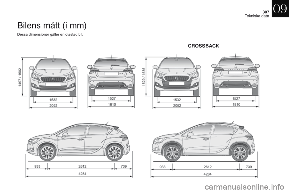 CITROEN DS4 2017  InstruktionsbÖcker (in Swedish) 307
DS4_sv_Chap09_caracteristiques_ed01-2016
Bilens mått (i mm)
Dessa dimensioner gäller en olastad bil.
CROSSBACK
09 
Tekniska data  