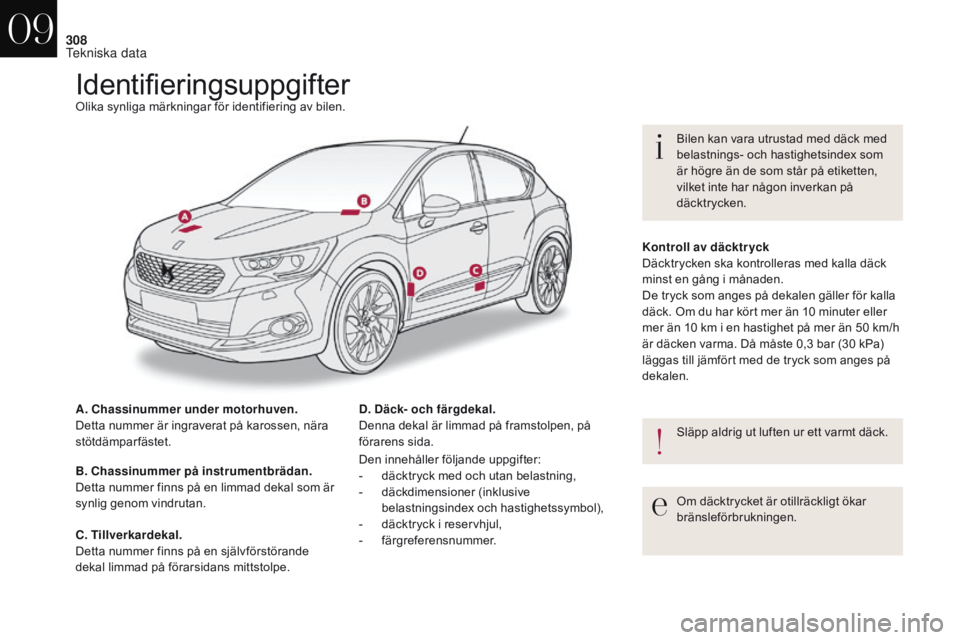 CITROEN DS4 2017 InstruktionsbÖcker (in Swedish) 308
DS4_sv_Chap09_caracteristiques_ed01-2016
IdentifieringsuppgifterOlika synliga märkningar för identifiering av bilen.
A. Chassinummer under motorhuven.
Detta nummer är ingraverat på karossen, n CITROEN DS4 2017 InstruktionsbÖcker (in Swedish) 308
DS4_sv_Chap09_caracteristiques_ed01-2016
IdentifieringsuppgifterOlika synliga märkningar för identifiering av bilen.
A. Chassinummer under motorhuven.
Detta nummer är ingraverat på karossen, n