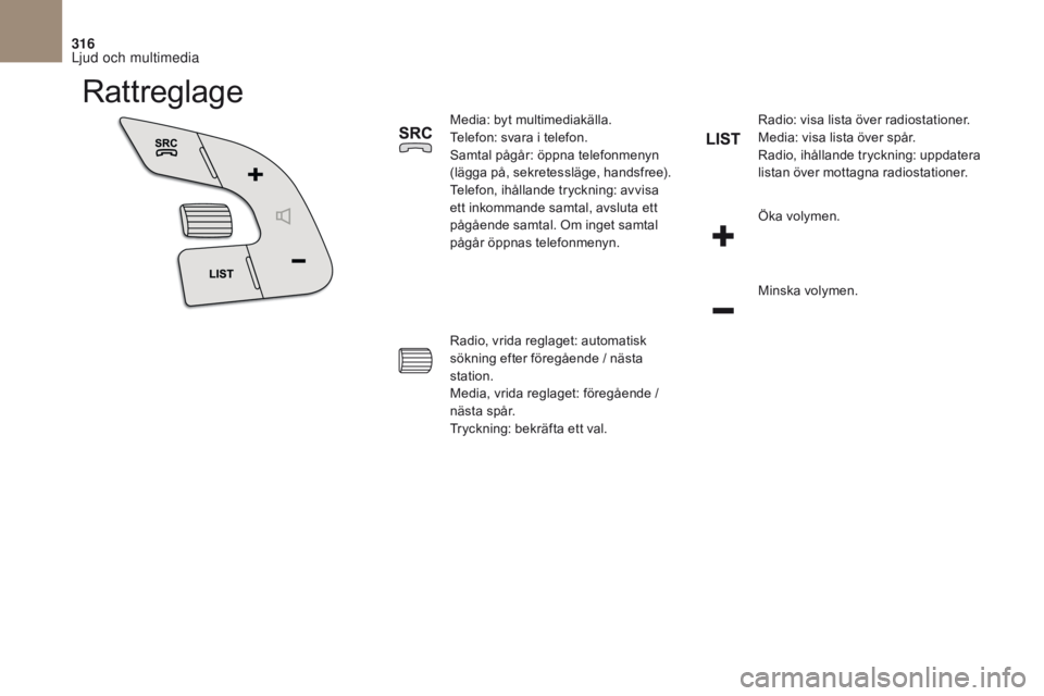 CITROEN DS4 2017  InstruktionsbÖcker (in Swedish) 316
DS4_sv_Chap10b_SMEGplus_ed01-2016
Rattreglage
Media: byt multimediakälla.
Telefon: svara i telefon.
Samtal pågår: öppna telefonmenyn 
(lägga på, sekretessläge, handsfree).
Telefon, ihållan
