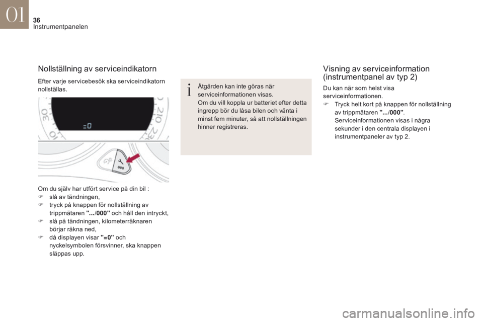 CITROEN DS4 2017 InstruktionsbÖcker (in Swedish) 36
DS4_sv_Chap01_instruments- de-bord_ed01-2016
Om du själv har utfört service på din bil :
F s lå av tändningen,
F
t
ryck på knappen för nollställning av
trippmätaren ".../000" CITROEN DS4 2017 InstruktionsbÖcker (in Swedish) 36
DS4_sv_Chap01_instruments- de-bord_ed01-2016
Om du själv har utfört service på din bil :
F s lå av tändningen,
F
t
ryck på knappen för nollställning av
trippmätaren ".../000"