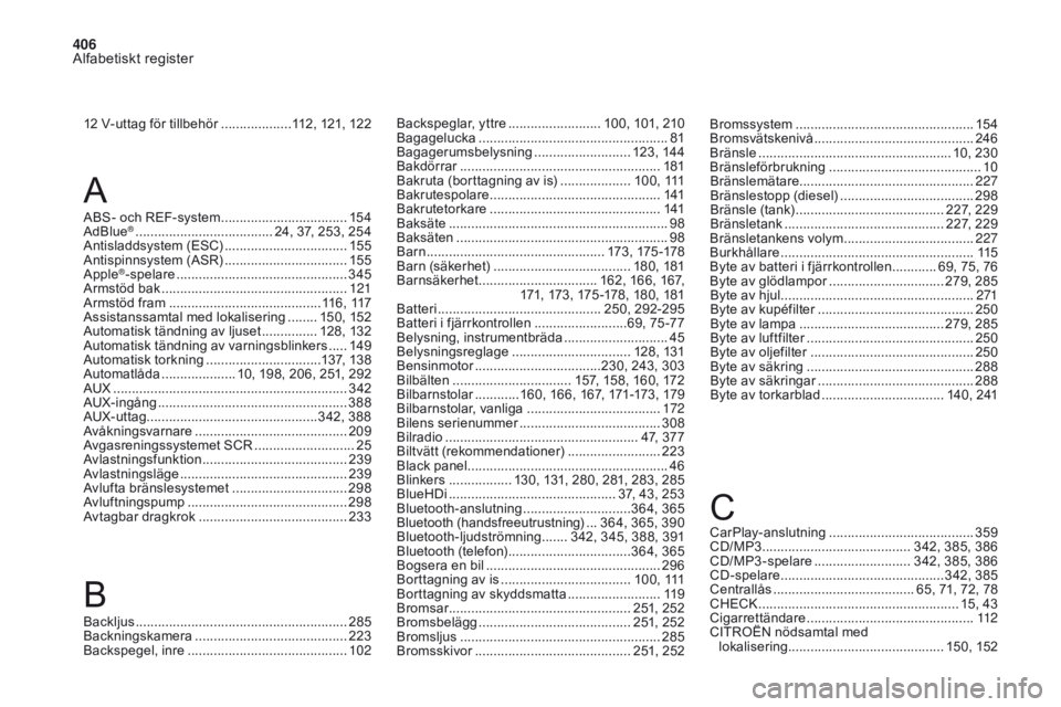 CITROEN DS4 2017 InstruktionsbÖcker (in Swedish) 406
Alfabetiskt register
DS4_sv_Chap11_index-alpha_ed01-2016
B A
Backspeglar, yttre ......................... 100, 101, 210
Bagagelucka ............................... ....................81
Bagagerum CITROEN DS4 2017 InstruktionsbÖcker (in Swedish) 406
Alfabetiskt register
DS4_sv_Chap11_index-alpha_ed01-2016
B A
Backspeglar, yttre ......................... 100, 101, 210
Bagagelucka ............................... ....................81
Bagagerum