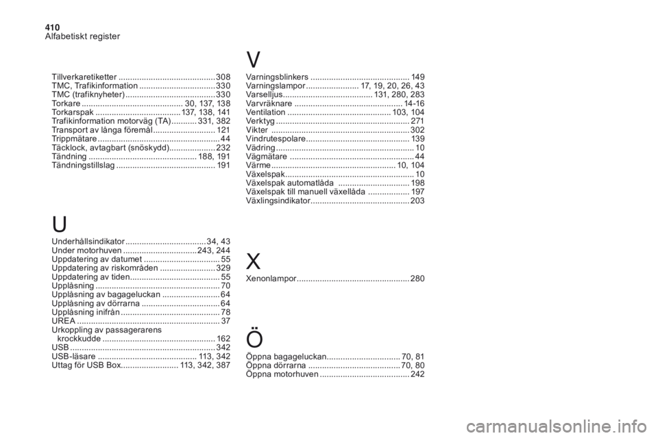 CITROEN DS4 2017 InstruktionsbÖcker (in Swedish) 410
Alfabetiskt register
DS4_sv_Chap11_index-alpha_ed01-2016
Varningsblinkers ...........................................14 9
Varningslampor ....................... 1 7, 19, 20, 26, 43
Varselljus
... CITROEN DS4 2017 InstruktionsbÖcker (in Swedish) 410
Alfabetiskt register
DS4_sv_Chap11_index-alpha_ed01-2016
Varningsblinkers ...........................................14 9
Varningslampor ....................... 1 7, 19, 20, 26, 43
Varselljus
...