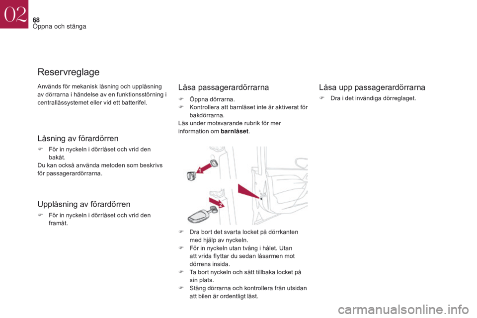 CITROEN DS4 2017 InstruktionsbÖcker (in Swedish) 68
DS4_sv_Chap02_ouvertures_ed01-2016
Används för mekanisk låsning och upplåsning
av dörrarna i händelse av en funktionsstörning i
centrallåssystemet eller vid ett batterifel.
Reservreglage
CITROEN DS4 2017 InstruktionsbÖcker (in Swedish) 68
DS4_sv_Chap02_ouvertures_ed01-2016
Används för mekanisk låsning och upplåsning
av dörrarna i händelse av en funktionsstörning i
centrallåssystemet eller vid ett batterifel.
Reservreglage