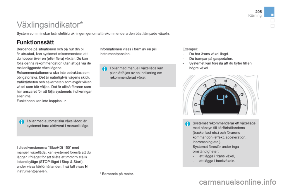CITROEN DS4 2016 InstruktionsbÖcker (in Swedish) 205
DS4_sv_Chap08_conduite_ed03-2015
Växlingsindikator*
I bilar med manuell växellåda kan
pilen åtföljas av en indikering om
rekommenderad växel.
I bilar med automatiska växellådor, är
sys CITROEN DS4 2016 InstruktionsbÖcker (in Swedish) 205
DS4_sv_Chap08_conduite_ed03-2015
Växlingsindikator*
I bilar med manuell växellåda kan
pilen åtföljas av en indikering om
rekommenderad växel.
I bilar med automatiska växellådor, är
sys
