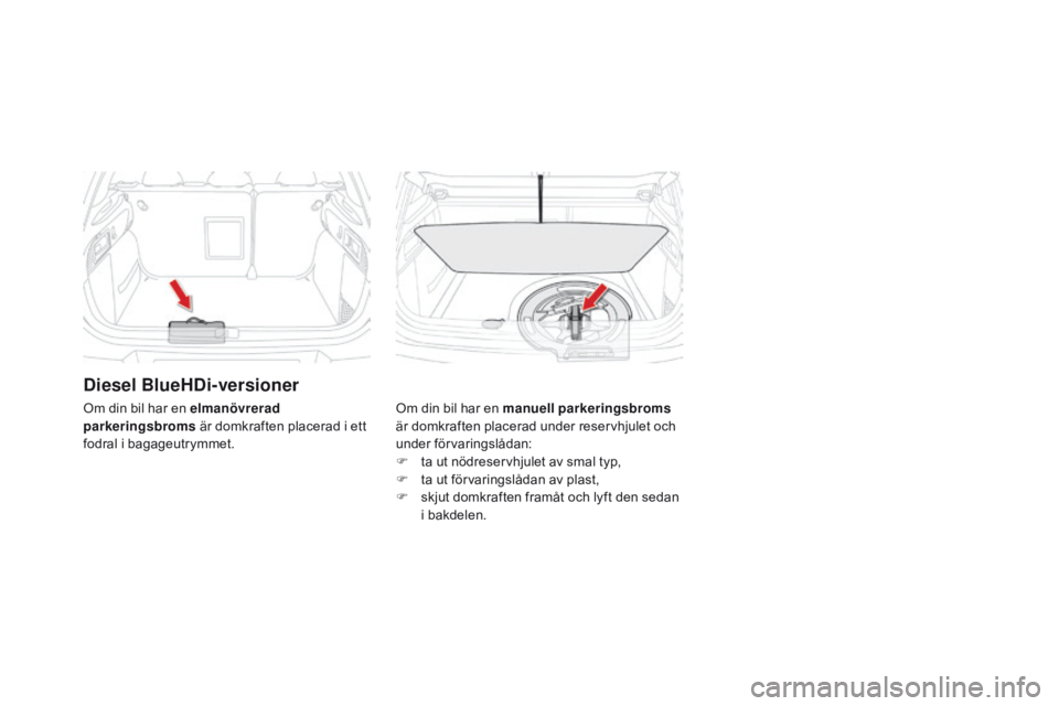 CITROEN DS4 2016 InstruktionsbÖcker (in Swedish) DS4_sv_Chap09_info-pratiques_ed03-2015
Diesel BlueHDi-versioner
Om din bil har en manuell parkeringsbroms
är domkraften placerad under reservhjulet och
under förvaringslådan:
F
t
a ut nödrese CITROEN DS4 2016 InstruktionsbÖcker (in Swedish) DS4_sv_Chap09_info-pratiques_ed03-2015
Diesel BlueHDi-versioner
Om din bil har en manuell parkeringsbroms
är domkraften placerad under reservhjulet och
under förvaringslådan:
F
t
a ut nödrese