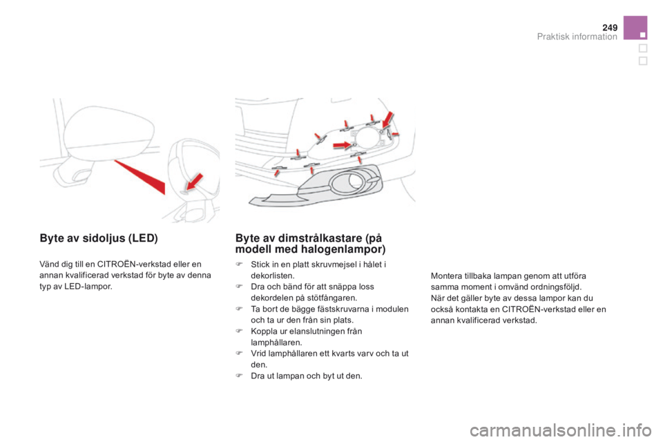 CITROEN DS4 2016  InstruktionsbÖcker (in Swedish) 249
DS4_sv_Chap09_info-pratiques_ed03-2015
Byte av sidoljus (LED)
Vänd dig till en CITROËN-verkstad eller en 
annan kvalificerad verkstad för byte av denna 
typ av LED-lampor.
Byte av dimstrålkast