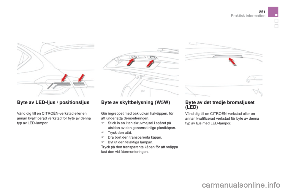CITROEN DS4 2016  InstruktionsbÖcker (in Swedish) 251
DS4_sv_Chap09_info-pratiques_ed03-2015
Byte av LED-ljus / positionsljus Byte av skyltbelysning (W5W) Byte av det tredje bromsljuset (LED)
Vänd dig till en CITROËN-verkstad eller en 
annan kvalif
