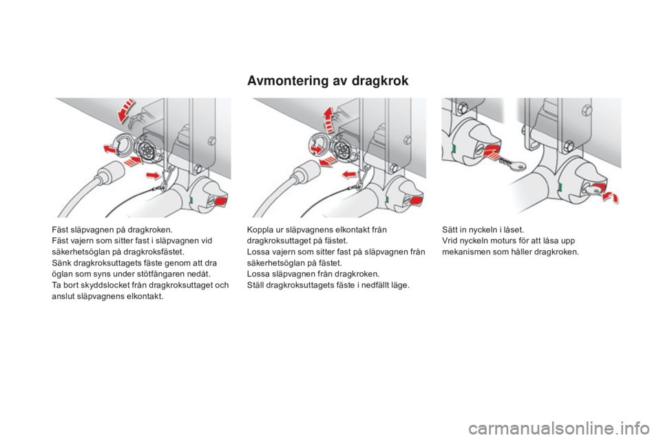 CITROEN DS4 2016  InstruktionsbÖcker (in Swedish) DS4_sv_Chap09_info-pratiques_ed03-2015
Fäst släpvagnen på dragkroken.
Fäst vajern som sitter fast i släpvagnen vid 
säkerhetsöglan på dragkroksfästet.
Sänk dragkroksuttagets fäste genom att