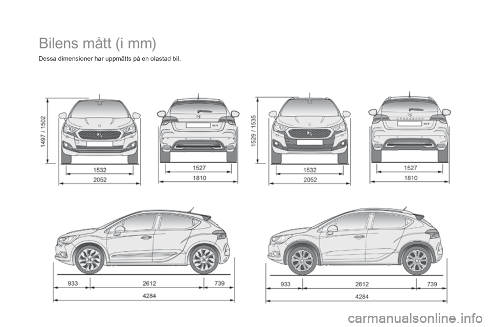CITROEN DS4 2016 InstruktionsbÖcker (in Swedish) DS4_sv_Chap11_caracteristiques_ed03-2015
Bilens mått (i mm)
Dessa dimensioner har uppmätts på en olastad bil. CITROEN DS4 2016 InstruktionsbÖcker (in Swedish) DS4_sv_Chap11_caracteristiques_ed03-2015
Bilens mått (i mm)
Dessa dimensioner har uppmätts på en olastad bil.