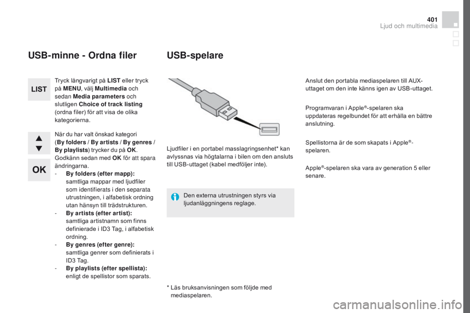 CITROEN DS4 2016 InstruktionsbÖcker (in Swedish) 401
DS4_sv_Chap12d_RD5_ed03-2015
När du har valt önskad kategori
( By folders / By ar tists / By genres /
By playlists ) trycker du på OK.
Godkänn sedan med OK för att spara
ändringarna.
- CITROEN DS4 2016 InstruktionsbÖcker (in Swedish) 401
DS4_sv_Chap12d_RD5_ed03-2015
När du har valt önskad kategori
( By folders / By ar tists / By genres /
By playlists ) trycker du på OK.
Godkänn sedan med OK för att spara
ändringarna.
-