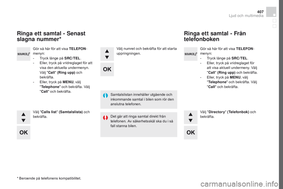 CITROEN DS4 2016 InstruktionsbÖcker (in Swedish) 407
DS4_sv_Chap12d_RD5_ed03-2015
Gör så här för att visa TELEFON-
menyn:
-
T
ryck länge på SRC/TEL .
-
E
ller, tryck på vridreglaget för
att visa aktuell undermeny. Välj
" Call CITROEN DS4 2016 InstruktionsbÖcker (in Swedish) 407
DS4_sv_Chap12d_RD5_ed03-2015
Gör så här för att visa TELEFON-
menyn:
-
T
ryck länge på SRC/TEL .
-
E
ller, tryck på vridreglaget för
att visa aktuell undermeny. Välj
" Call