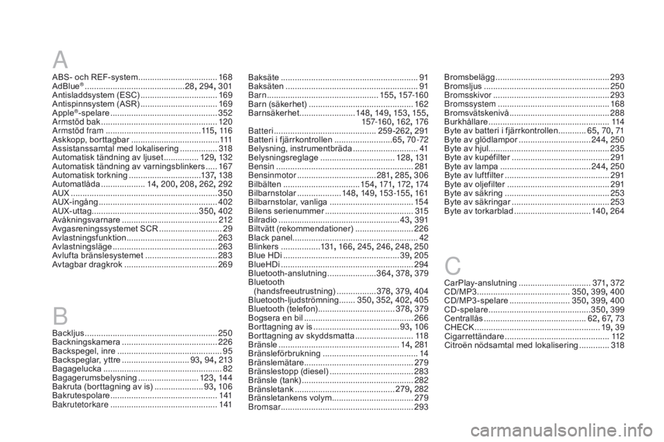 CITROEN DS4 2016 InstruktionsbÖcker (in Swedish) DS4_sv_Chap13_index-alpha_ed03-2015
A
ABS- och REF-system ..................................16 8
AdBlue® ............................... ............28, 294 , 301
Antisladdsystem (ESC) ............. CITROEN DS4 2016 InstruktionsbÖcker (in Swedish) DS4_sv_Chap13_index-alpha_ed03-2015
A
ABS- och REF-system ..................................16 8
AdBlue® ............................... ............28, 294 , 301
Antisladdsystem (ESC) .............