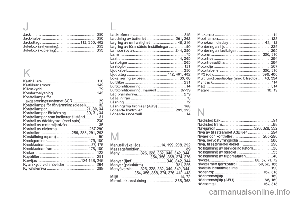 CITROEN DS4 2016 InstruktionsbÖcker (in Swedish) DS4_sv_Chap13_index-alpha_ed03-2015
M L
Lackreferens .................................................3 15
Laddning av batteriet ............................2
61, 262
Lagring av en hastighet
...... CITROEN DS4 2016 InstruktionsbÖcker (in Swedish) DS4_sv_Chap13_index-alpha_ed03-2015
M L
Lackreferens .................................................3 15
Laddning av batteriet ............................2
61, 262
Lagring av en hastighet
......
