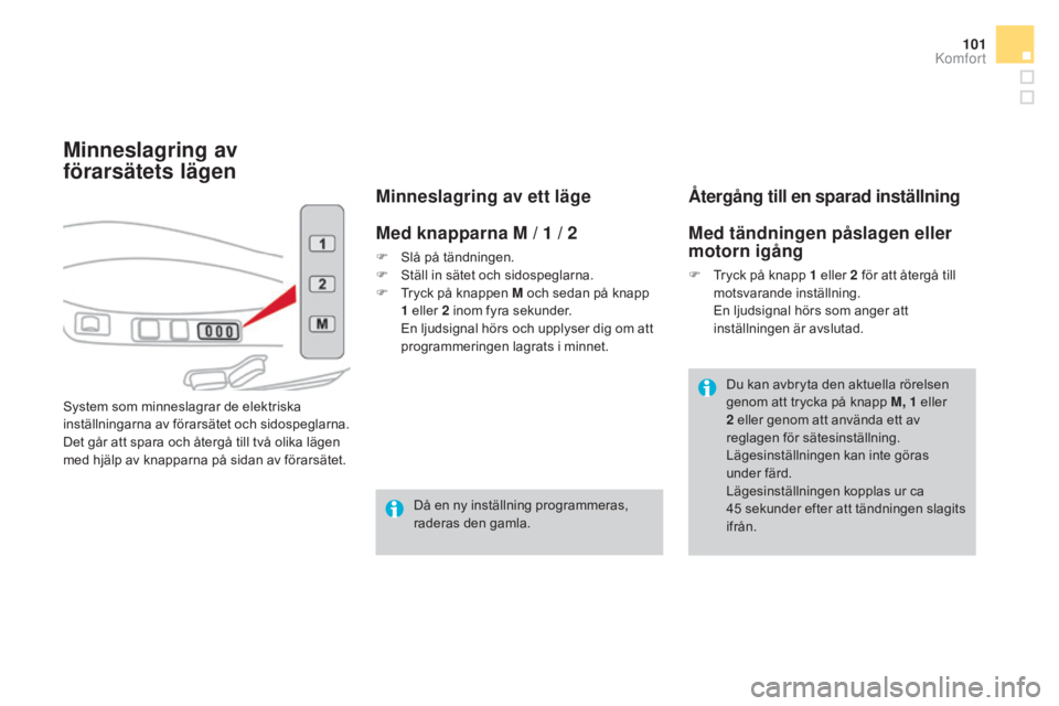 CITROEN DS4 2015 InstruktionsbÖcker (in Swedish) 101
DS4_sv_Chap03_confort_ed02-2015
Minneslagring av
förarsätets lägen
System som minneslagrar de elektriska
inställningarna av förarsätet och sidospeglarna.
Det går att spara och återgå t CITROEN DS4 2015 InstruktionsbÖcker (in Swedish) 101
DS4_sv_Chap03_confort_ed02-2015
Minneslagring av
förarsätets lägen
System som minneslagrar de elektriska
inställningarna av förarsätet och sidospeglarna.
Det går att spara och återgå t
