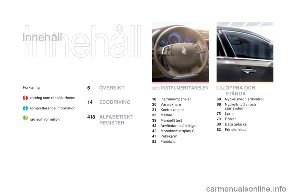 CITROEN DS4 2015  InstruktionsbÖcker (in Swedish) DS4_sv_Chap00a_sommaire_ed02-2015
Innehåll
ÖPPNA OCH 
S TÄ N G A
60 Nyckel med fjärrkontroll
66
 N
yckelfritt lås- och 
startsystem
75
 

Larm
79
 

Dörrar
80
 B

agagelucka
82
 

Fönsterhissar