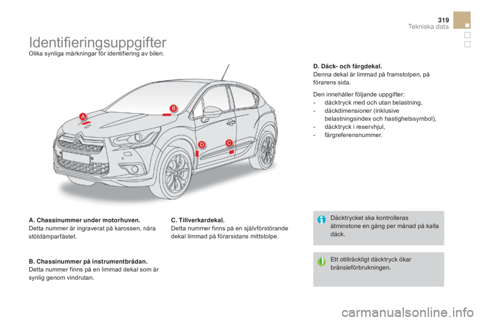 CITROEN DS4 2015  InstruktionsbÖcker (in Swedish) 319
DS4_sv_Chap11_caracteristiques_ed02-2015
IdentifieringsuppgifterOlika synliga märkningar för identifiering av bilen.
A. Chassinummer under motorhuven.
Detta nummer är ingraverat på karossen, n