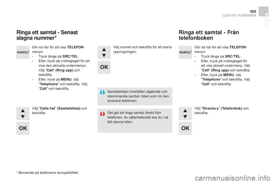 CITROEN DS4 2015  InstruktionsbÖcker (in Swedish) 405
DS4_sv_Chap12d_RD5_ed02-2015
Gör så här för att visa TELEFON-
menyn:
-
 
T
 ryck länge på SRC/TEL .
-
 
E
 ller, tryck på vridreglaget för 
att visa aktuell undermeny. Välj 
" Call &#