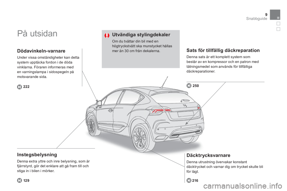 CITROEN DS4 2014  InstruktionsbÖcker (in Swedish) 9Snabbguide
  På utsidan  
 
 
Instegsbelysning 
 
Denna extra yttre och inre belysning, som är 
fjärrstyrd, gör det enklare att gå fram till och 
stiga in i bilen i mörker. 
   
Sats för tillf