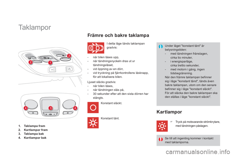 CITROEN DS4 2014  InstruktionsbÖcker (in Swedish)    
 
1. 
  Taklampa fram 
 
   
2. 
  Kartlampor fram 
 
   
3. 
  Ta k l a m p a  b a k 
 
   
4. 
  Kartlampor bak 
 
 
 
 
 
 
 
 
 
 
 
 
 
 
Taklampor 
 
I detta läge tänds taklampan 
gradvis: