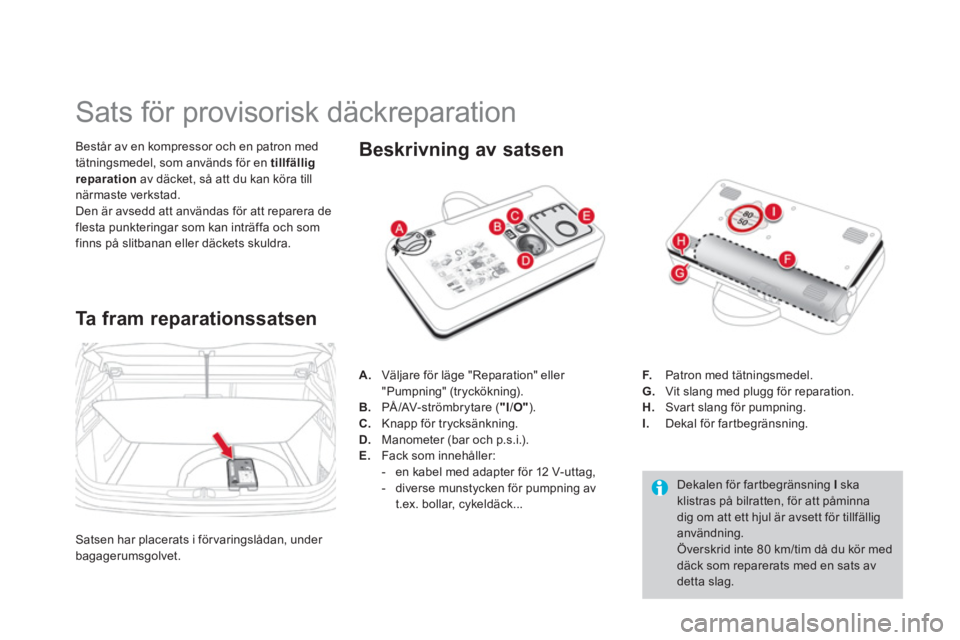 CITROEN DS4 2014  InstruktionsbÖcker (in Swedish)    
 
 
 
 
 
 
 
 
 
 
 
 
 
 
 
Sats för provisorisk däckreparation 
 
 
Består av en kompressor och en patron med 
tätningsmedel, som används för en  tillfällig 
reparation 
 av däcket, så