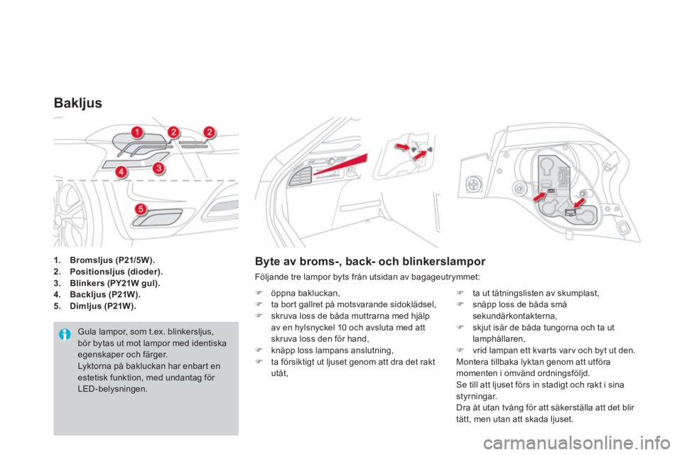 CITROEN DS4 2014  InstruktionsbÖcker (in Swedish)    
 
1. 
  Bromsljus 
  (P21/5W). 
 
   
2. 
  Positionsljus (dioder). 
 
   
3. 
  Blinkers (PY21W gul) 
. 
   
4. 
  Backljus (P21W). 
 
   
5. 
  Dimljus (P21W). 
 
 
 
 
 
 
 
 
 
 
 
 
 
 
 
 
 
