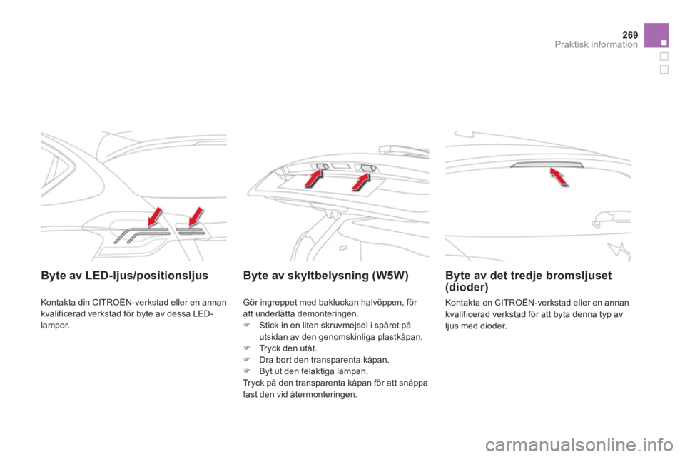 CITROEN DS4 2014  InstruktionsbÖcker (in Swedish) 269Praktisk information
   
 
Byte av LED-ljus/positionsljus    
 
 
 
 
 
 
Byte av skyltbelysning (W5W)    
 
Byte av det tredje bromsljuset 
(dioder) 
  Kontakta en CITROËN-verkstad eller en annan