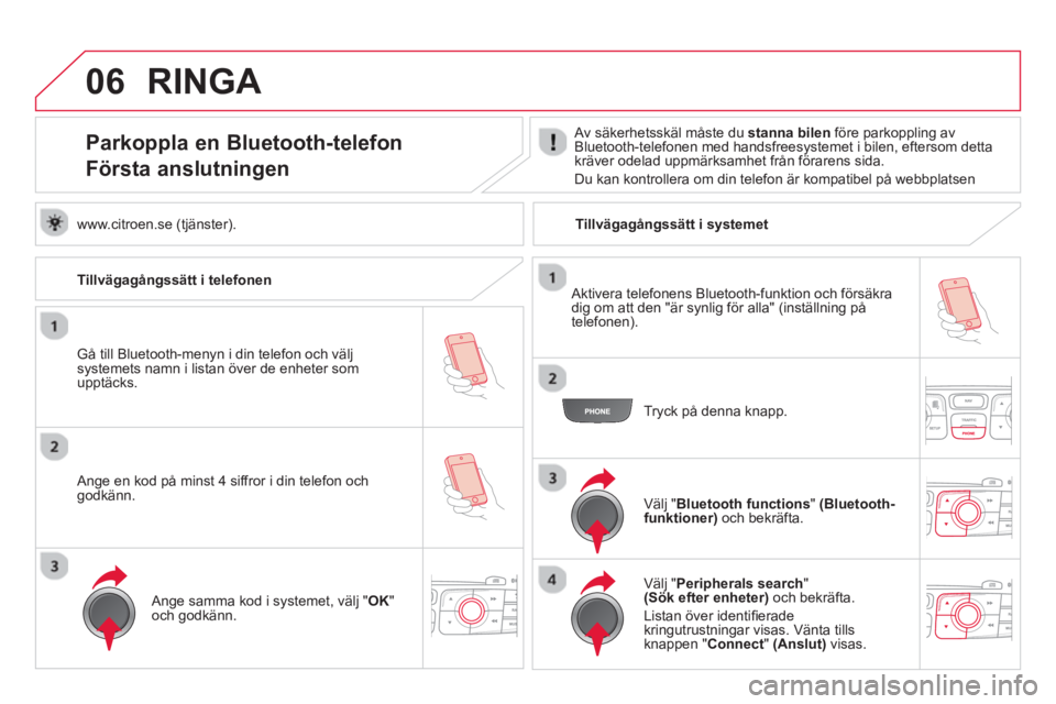 CITROEN DS4 2014  InstruktionsbÖcker (in Swedish) 06
   
 
 
 
 
 
 
 
 
 
 
 
 
 
 
Parkoppla en Bluetooth-telefon  
Första anslutningen    
Av säkerhetsskäl måste du  stanna bilen 
 före parkoppling av 
Bluetooth-telefonen med handsfreesysteme