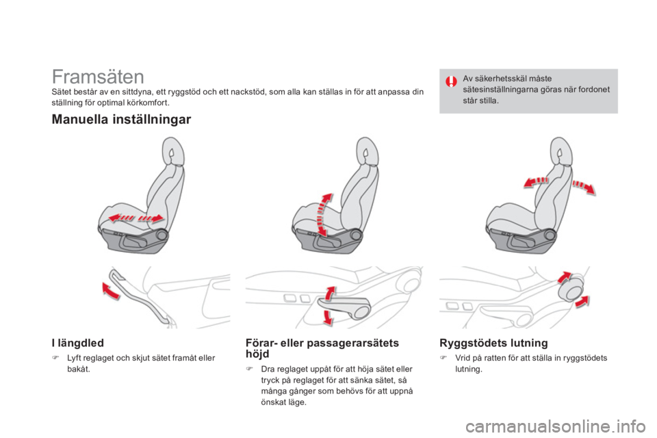 CITROEN DS4 2014  InstruktionsbÖcker (in Swedish)    
 
 
 
 
 
 
 
Framsäten  
Sätet består av en sittdyna, ett ryggstöd och ett nackstöd, som alla kan ställas in för att anpassa din 
ställning för optimal körkomfort.  
 
 
Manuella instä
