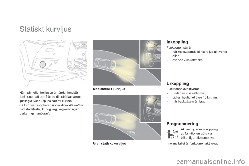 CITROEN DS4 2013  InstruktionsbÖcker (in Swedish)    
 
 
 
 
 
 
Statiskt kurvljus 
När halv- eller helljusen är tända, innebär 
funktionen att den främre dimstrålkastarensljuskägla lyser upp insidan av kur van,då fordonshastigheten understi