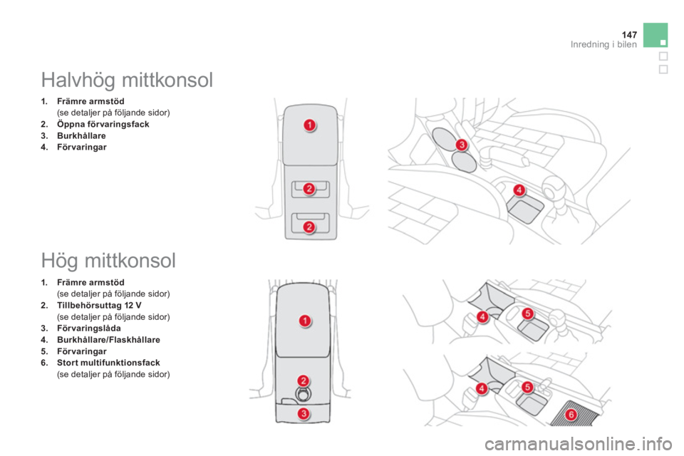 CITROEN DS4 2013  InstruktionsbÖcker (in Swedish) 147Inredning i bilen
   
 
 
 
 
 
 
 
 
 
 
 
 
 
Halvhög mittkonsol 
1.Främre armstöd
 (se detaljer på följande sidor) 2.Öppna förvaringsfack3.Burkhållare4. 
  Förvaringar
 
 
 
 
 
 
Hög 