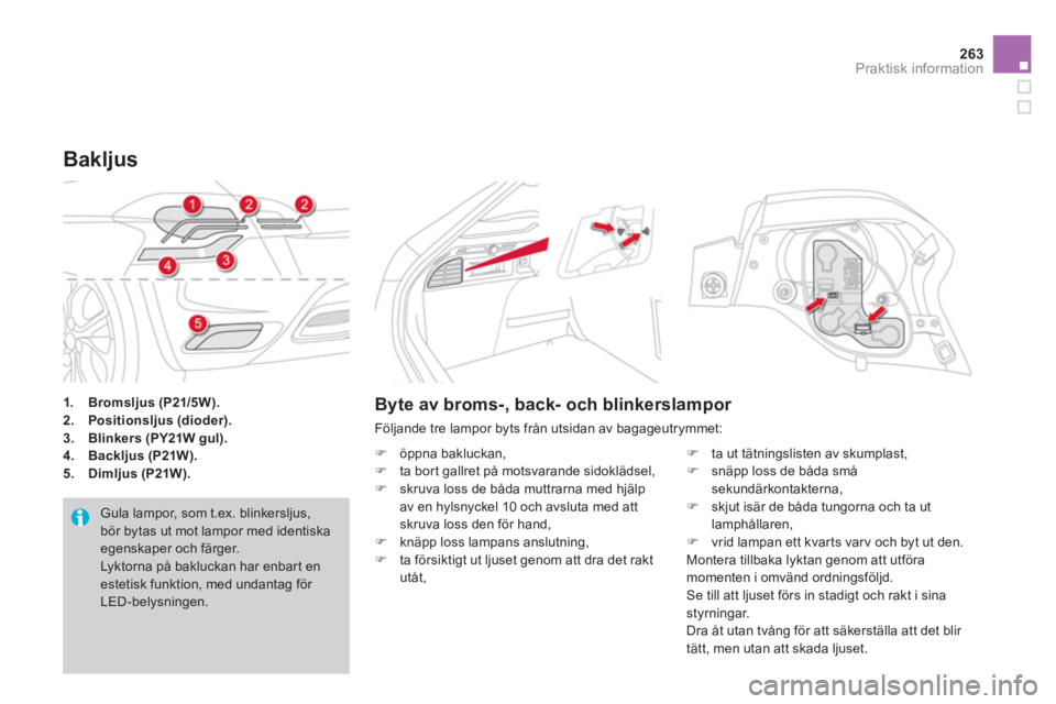 CITROEN DS4 2013  InstruktionsbÖcker (in Swedish) 263Praktisk information
1.Bromsljus(P21/5W).2.Positionsljus (dioder).3.Blinkers (PY21W gul).4.Backljus (P21W).5.    Dimljus (P21W).
Bakljus
 Gula lampor, som t.ex. blinkersljus,bör bytas ut mot lampo