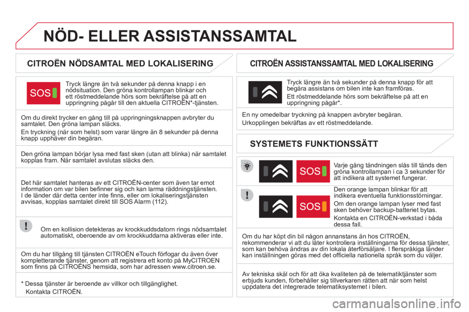 CITROEN DS4 2013 InstruktionsbÖcker (in Swedish) NÖD- ELLER ASSISTANSSAMTAL
CITROËN NÖDSAMTAL MED LOKALISERING
Tryck längre än två sekunder på denna knapp i ennödsituation. Den gröna kontrollampan blinkar och ett röstme CITROEN DS4 2013 InstruktionsbÖcker (in Swedish) NÖD- ELLER ASSISTANSSAMTAL
CITROËN NÖDSAMTAL MED LOKALISERING
Tryck längre än två sekunder på denna knapp i ennödsituation. Den gröna kontrollampan blinkar och ett röstme