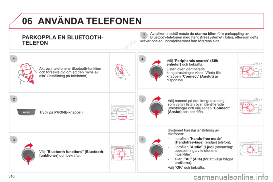 CITROEN DS4 2011  InstruktionsbÖcker (in Swedish) 316
1
25
63
4
06
   
 
 
 
 
 
 
 
 
 
 
 
 
 
 
PARKOPPLA EN BLUETOOTH-
TELEFON    Av säkerhetsskäl måste du stanna bilen 
 före parkoppling av 
Bluetooth-telefonen med handsfreesystemet i bilen,