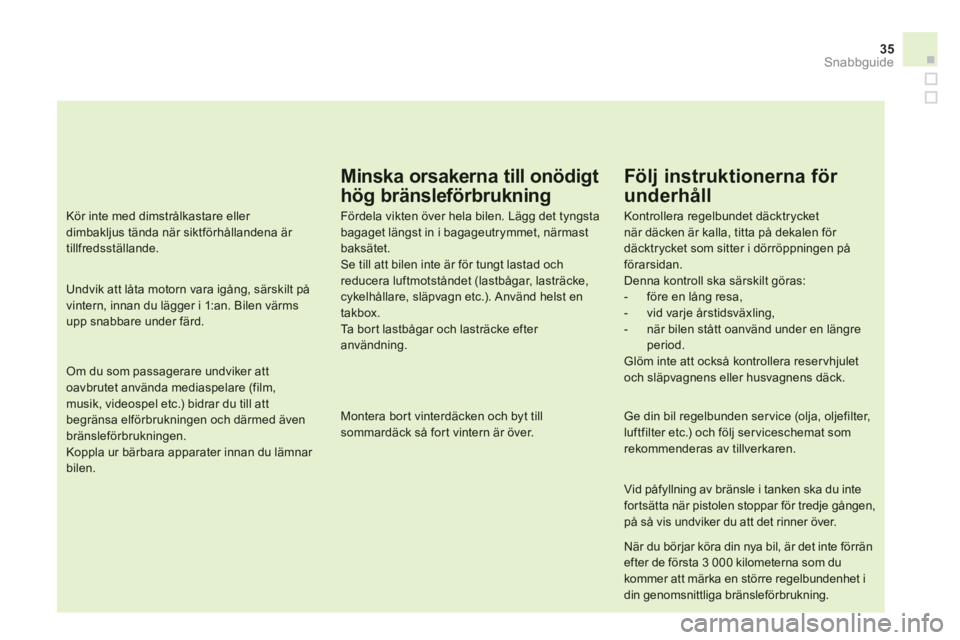CITROEN DS4 2011  InstruktionsbÖcker (in Swedish) 35
Minska orsakerna till onödigt
hög bränsleförbrukning
Fördela vikten över hela bilen. Lägg det tyngsta bagaget längst in i bagageutrymmet, närmast baksätet.Se till att bilen inte är för 