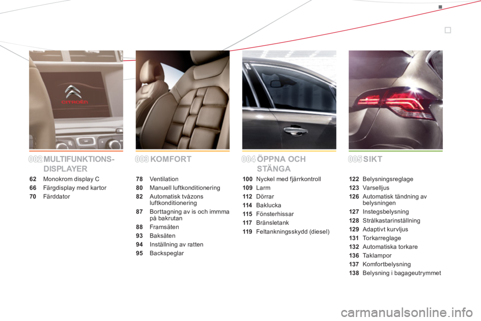 CITROEN DS4 2011  InstruktionsbÖcker (in Swedish) MULTIFUNKTIONS-
DISPLAYERKOMFORT ÖPPNA OCH 
STÄNGASIKT
62Monokrom displayC
66 Färgdisplay med kar tor
70Färddator
78 Ventilation
80Manuell luftkonditionering
82Automatisk tvåzonsluftkonditionerin