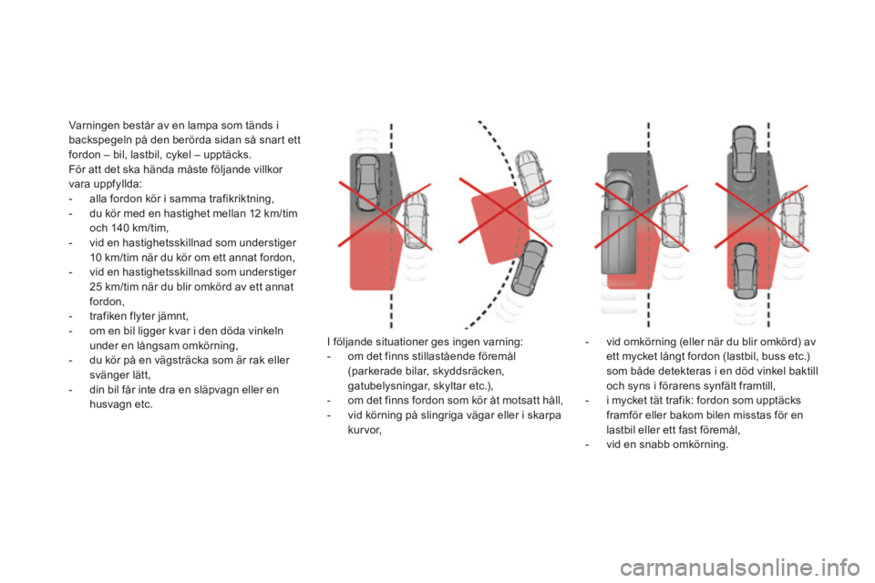 CITROEN DS5 2016 InstruktionsbÖcker (in Swedish) DS5_sv_Chap04_conduite_ed02-2015
Varningen består av en lampa som tänds i
backspegeln på den berörda sidan så snart ett
fordon – bil, lastbil, cykel – upptäcks.
För att det ska hända må CITROEN DS5 2016 InstruktionsbÖcker (in Swedish) DS5_sv_Chap04_conduite_ed02-2015
Varningen består av en lampa som tänds i
backspegeln på den berörda sidan så snart ett
fordon – bil, lastbil, cykel – upptäcks.
För att det ska hända må