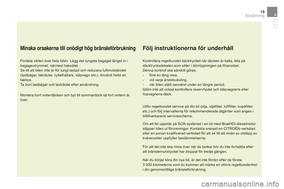 CITROEN DS5 2016  InstruktionsbÖcker (in Swedish) 15
DS5_sv_Chap00c_eco-conduite_ed02-2015
Minska orsakerna till onödigt hög bränsleförbrukning
Fördela vikten över hela bilen. Lägg det tyngsta bagaget längst in i 
bagageutrymmet, närmast bak