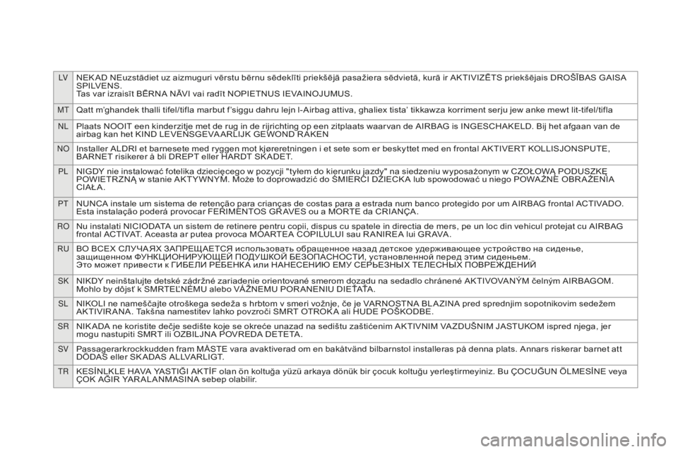 CITROEN DS5 2016 InstruktionsbÖcker (in Swedish) LVNEK AD NEuzstādiet uz aizmuguri vērstu bērnu sēdeklīti priekšējā pasažiera sēdvietā, kurā ir AKTIVIZĒTS priekšējais DROŠĪBAS GAISA
S P I LV E N S .
Tas var izraisīt BĒRNA NĀVI v CITROEN DS5 2016 InstruktionsbÖcker (in Swedish) LVNEK AD NEuzstādiet uz aizmuguri vērstu bērnu sēdeklīti priekšējā pasažiera sēdvietā, kurā ir AKTIVIZĒTS priekšējais DROŠĪBAS GAISA
S P I LV E N S .
Tas var izraisīt BĒRNA NĀVI v