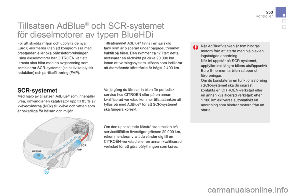 CITROEN DS5 2016 InstruktionsbÖcker (in Swedish) 253
DS5_sv_Chap09_verifications_ed02-2015
Tillsatsen AdBlue® och SCR-systemet
för dieselmotorer av typen BlueHDi
För att skydda miljön och uppfylla de nya
Euro 6 -normerna utan att kompromissa me CITROEN DS5 2016 InstruktionsbÖcker (in Swedish) 253
DS5_sv_Chap09_verifications_ed02-2015
Tillsatsen AdBlue® och SCR-systemet
för dieselmotorer av typen BlueHDi
För att skydda miljön och uppfylla de nya
Euro 6 -normerna utan att kompromissa me