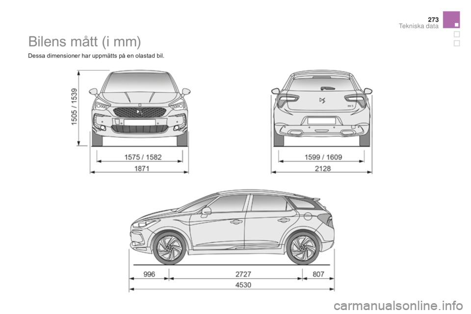CITROEN DS5 2016 InstruktionsbÖcker (in Swedish) 273
DS5_sv_Chap10_caracteristiques_ed02-2015
Bilens mått (i mm)
Dessa dimensioner har uppmätts på en olastad bil.
Tekniska data CITROEN DS5 2016 InstruktionsbÖcker (in Swedish) 273
DS5_sv_Chap10_caracteristiques_ed02-2015
Bilens mått (i mm)
Dessa dimensioner har uppmätts på en olastad bil.
Tekniska data