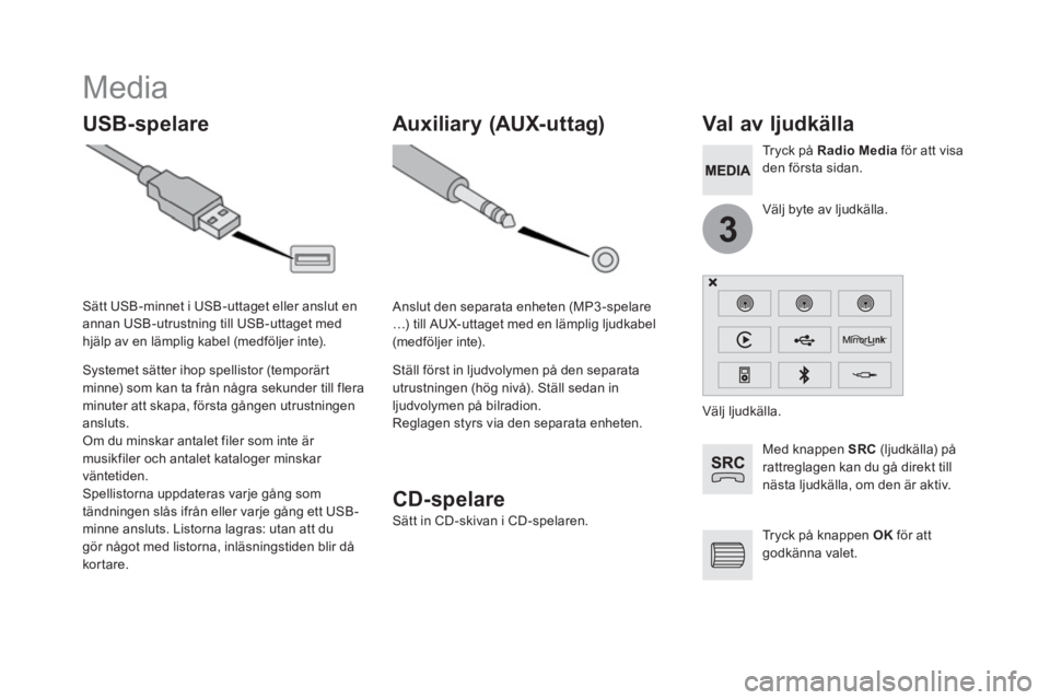 CITROEN DS5 2016 InstruktionsbÖcker (in Swedish) 3
Media
USB-spelare
Val av ljudkälla
Med knappen SRC
(ljudkälla) på
rattreglagen kan du gå direkt till
nästa ljudkälla, om den är CITROEN DS5 2016 InstruktionsbÖcker (in Swedish) 3
Media
USB-spelare
Val av ljudkälla
Med knappen SRC
(ljudkälla) på
rattreglagen kan du gå direkt till
nästa ljudkälla, om den är