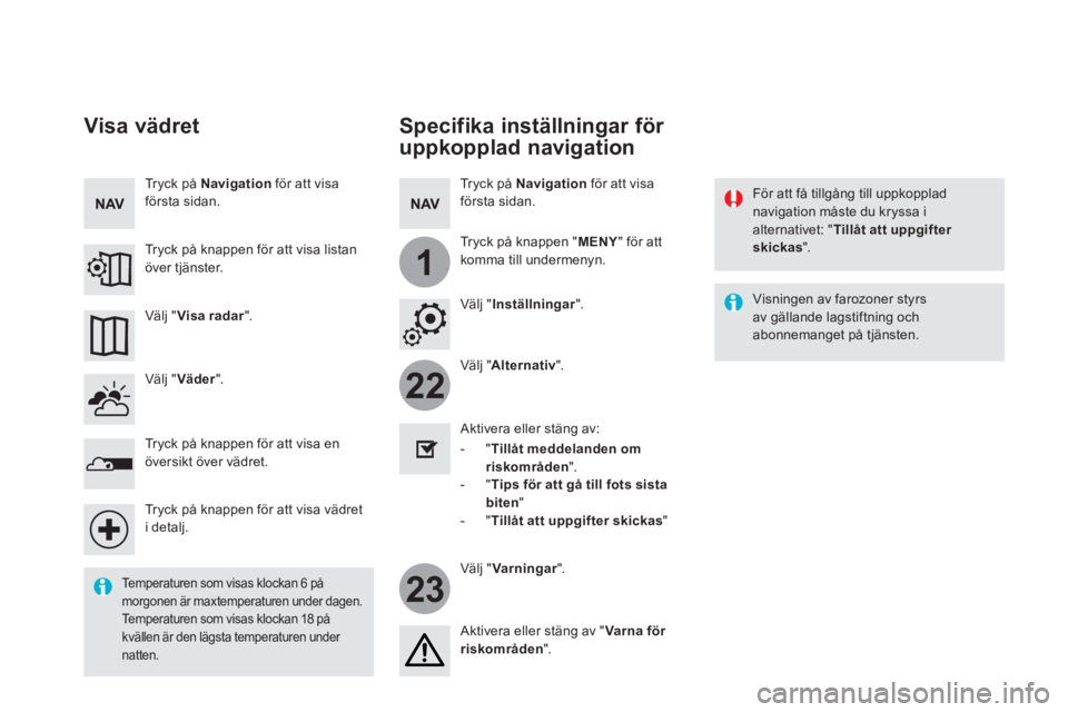 CITROEN DS5 2016 InstruktionsbÖcker (in Swedish) 22
23
1
Specifika inställningar för
uppkopplad navigation
För att få tillgång till uppkopplad navigation måste du kryssa i alternativet: " Tillåt att uppgifter skickas " .
CITROEN DS5 2016 InstruktionsbÖcker (in Swedish) 22
23
1
Specifika inställningar för
uppkopplad navigation
För att få tillgång till uppkopplad navigation måste du kryssa i alternativet: " Tillåt att uppgifter skickas " .