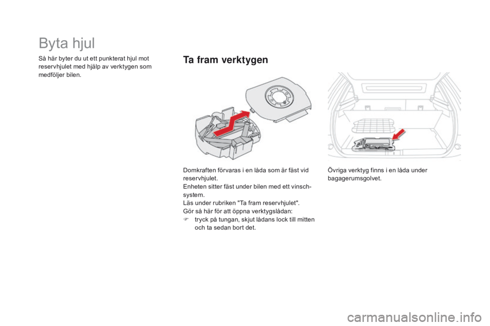 CITROEN DS5 2015 InstruktionsbÖcker (in Swedish) DS5_sv_Chap08_info-pratiques_ed01-2015
Byta hjul
Domkraften förvaras i en låda som är fäst vid
reservhjulet.
Enheten sitter fäst under bilen med ett vinsch-
system.
Läs under rubriken "Ta f CITROEN DS5 2015 InstruktionsbÖcker (in Swedish) DS5_sv_Chap08_info-pratiques_ed01-2015
Byta hjul
Domkraften förvaras i en låda som är fäst vid
reservhjulet.
Enheten sitter fäst under bilen med ett vinsch-
system.
Läs under rubriken "Ta f