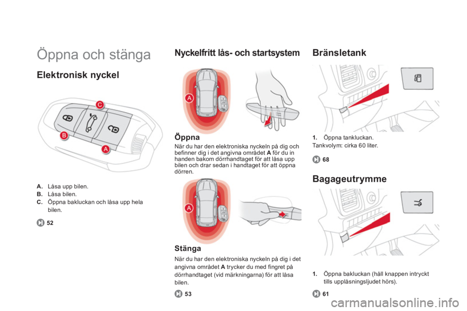 CITROEN DS5 2013  InstruktionsbÖcker (in Swedish)   Öppna och stänga 
1. 
 Öppna tankluckan.  
  Ta n k v o lym: cirka 60 liter. 
 
 
Bränsletank 
68
 
 
Öppna
 
När du har den elektroniska nyckeln på dig ochbefinner dig i det angivna området