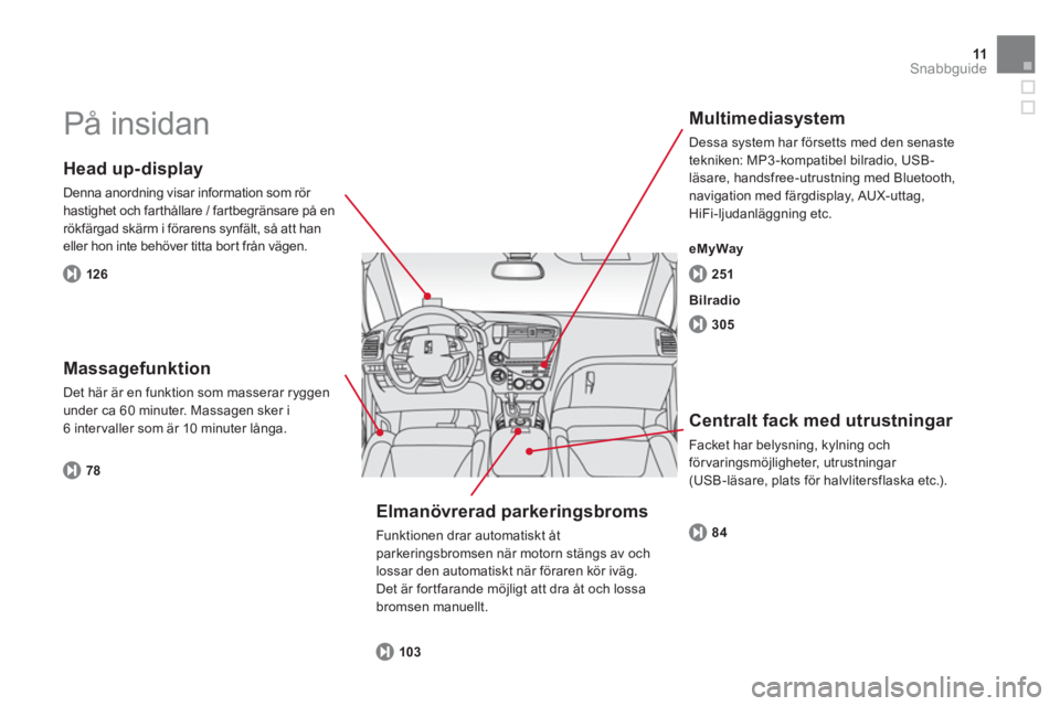 CITROEN DS5 2013 InstruktionsbÖcker (in Swedish) 11Snabbguide
På insidan
Head up-display
Denna anordning visar information som rör hastighet och far thållare / far tbegränsare på en
rökfärgad skärm i förarens synfält, så att ha CITROEN DS5 2013 InstruktionsbÖcker (in Swedish) 11Snabbguide
På insidan
Head up-display
Denna anordning visar information som rör hastighet och far thållare / far tbegränsare på en
rökfärgad skärm i förarens synfält, så att ha
